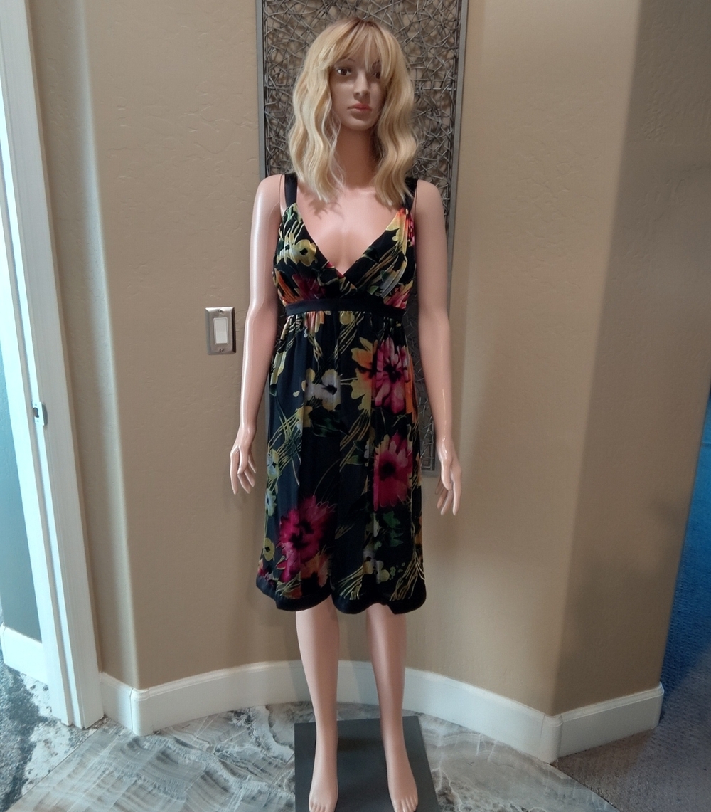 Sue Wong Black Velvet Floral Burnout Midi Dress with Pink & Yellow Blooms
